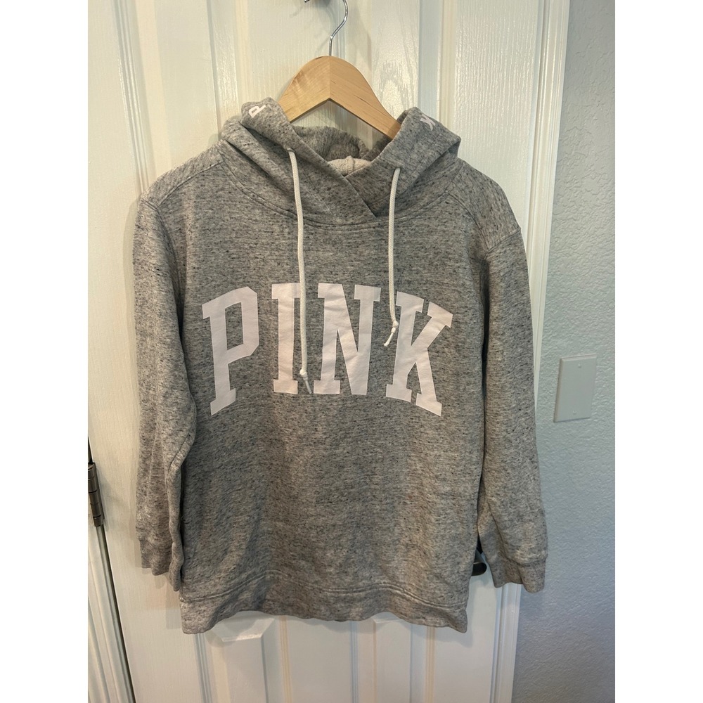 PINK Victoria's Secret Hoodie Gray Logo Funnel Neck Pullover Sweatshirt XS